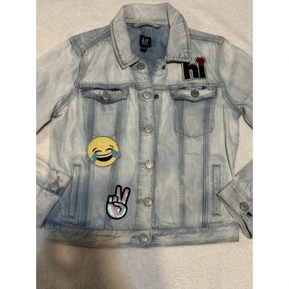 Gap Kids XL Emoji Patch Denim Jacket Light Wash Girl‎ 12-13Y Sequin Fun SPR18